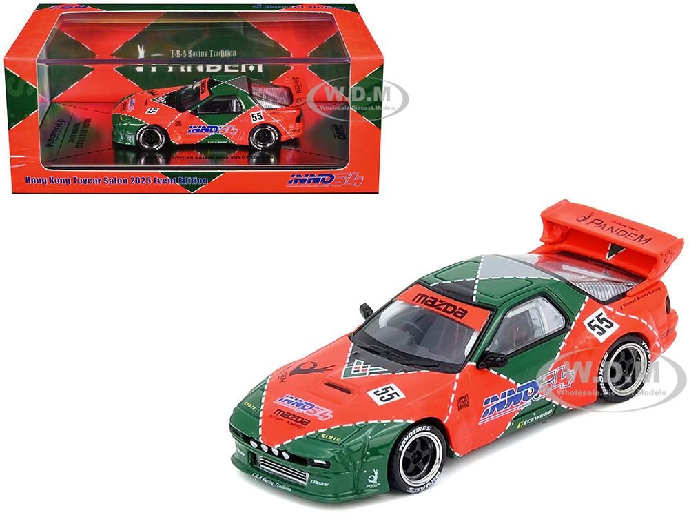 Mazda RX7 (FC3S) "Pandem Aero" RHD (Right Hand Drive) #55 Red and Green "Hong Kong Toycar Salon 2025 Event Edition" 1/64 Diecast Model Car by Inno Models diecast model