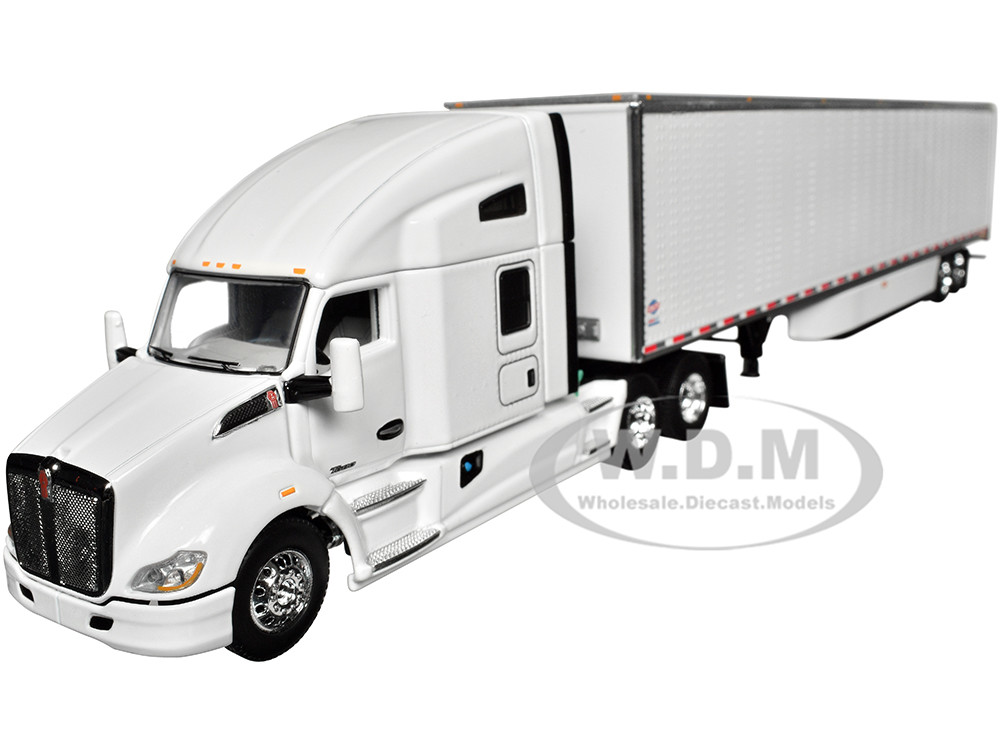 Kenworth T680 with 76" High Roof Sleeper and 53' Smooth Sided Dry Goods Trailer White 1/64 Diecast Model by DCP/First Gear diecast model