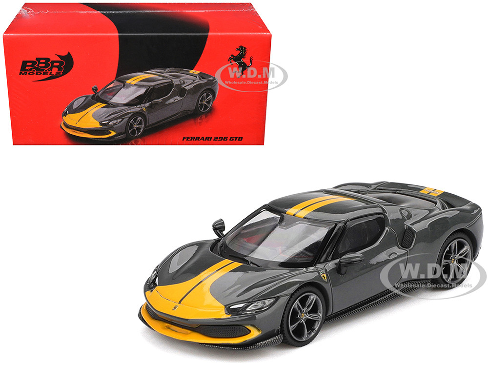 Ferrari 296 GTB Assetto Fiorano Grigio Scuro (Dark Gray) with Yellow Stripes 1/64 Diecast Model Car by BBR diecast model