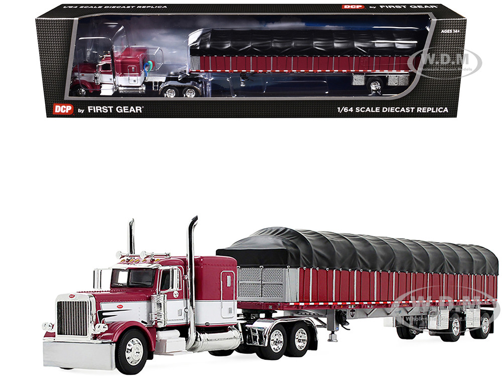 Peterbilt 389 with 63" Flat Top Sleeper and 53 Wilson Roadbrute Flatbed Trailer with Covered Wagon Maroon with White Stripes 1/64 Diecast Model by DCP/First Gear diecast model