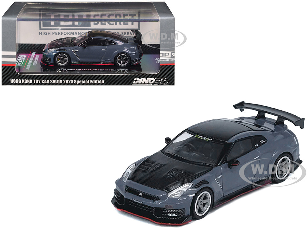 2024 Nissan GT-R (R35) Nismo "Top Secret" RHD (Right Hand Drive) Gray with Carbon Hood and Top "Hong Kong Toy Car Salon 2024 Special Edition" 1/64 Diecast Model Car by Inno Models diecast model