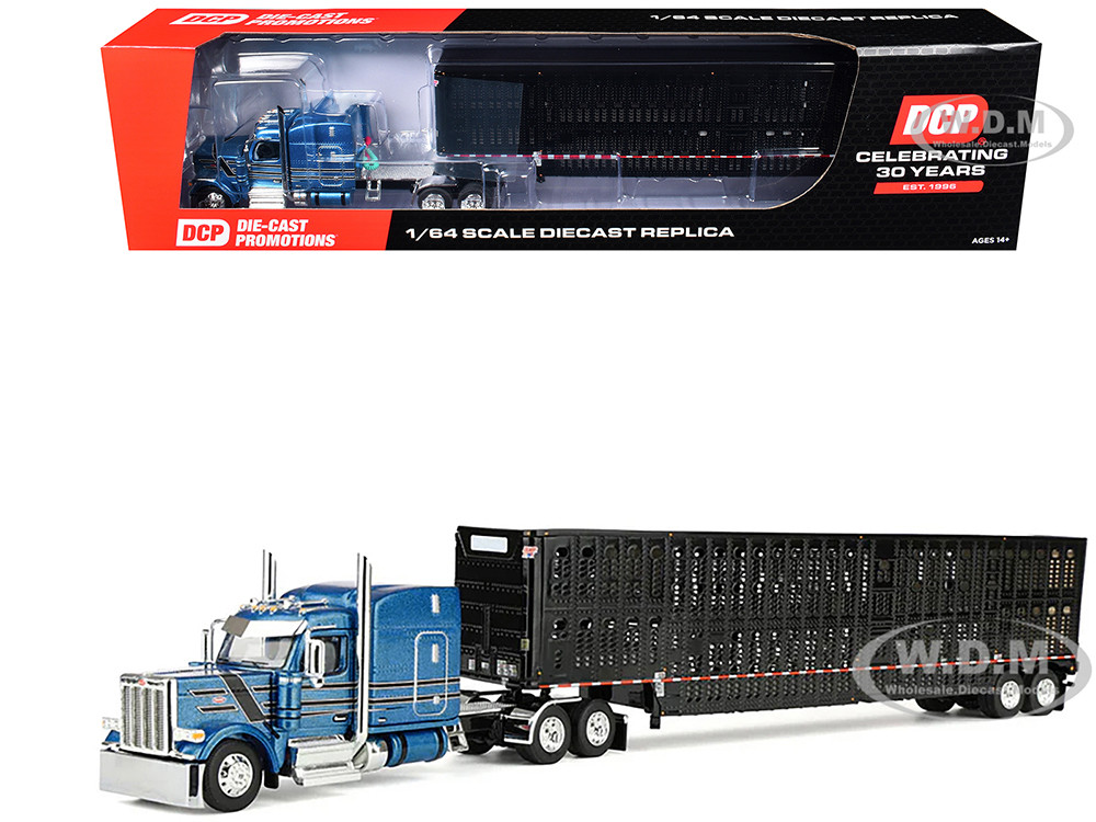 Peterbilt 589 with 72" Mid-Roof Sleeper and Wilson Silverstar Livestock Trailer Bright Blue with Black Stripes and Trailer 1/64 Diecast Model by DCP/First Gear diecast model