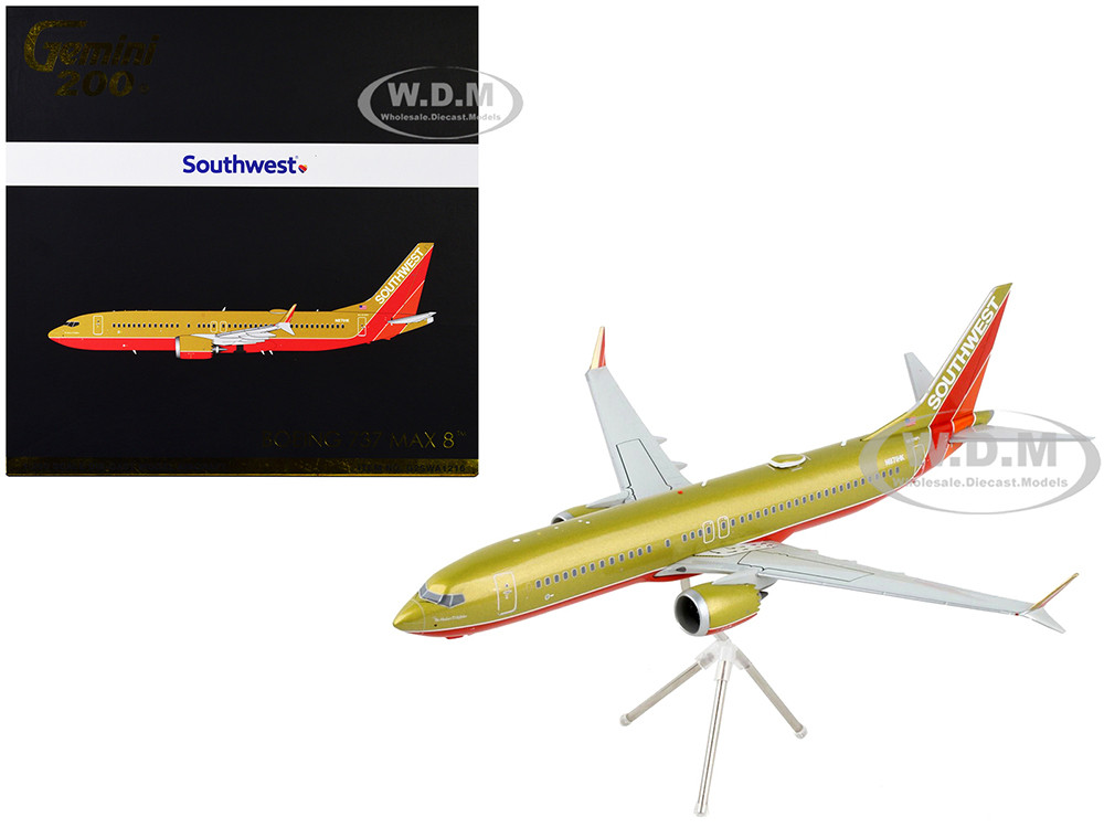 Boeing 737 MAX 8 Commercial Aircraft "Southwest Airlines" Gold and Red "Gemini 200" Series 1/200 Diecast Model Airplane by GeminiJets diecast model