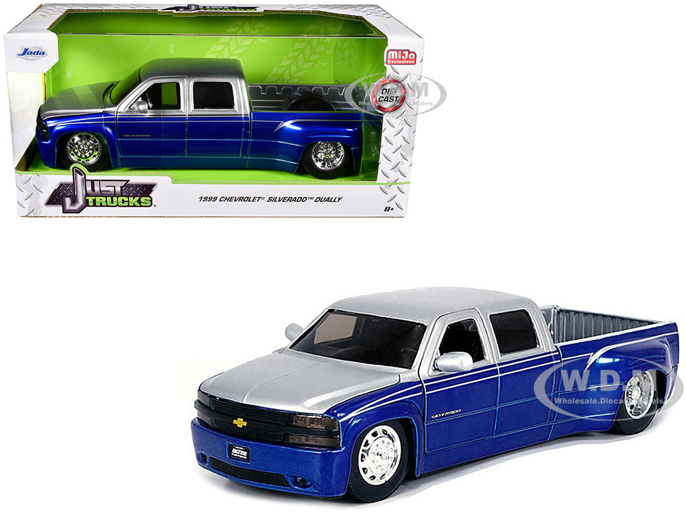 1999 Chevrolet Silverado Dually Pickup Truck Blue Metallic and Silver with Stock Wheels "Just Trucks" Series 1/24 Diecast Model Car by Jada diecast model