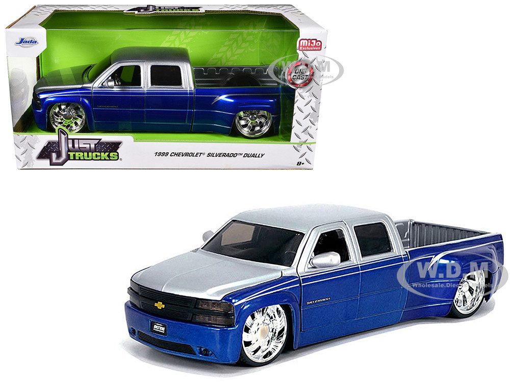 1999 Chevrolet Silverado Dually Pickup Truck Blue Metallic and Silver with Custom KMC Wheels "Just Trucks" Series 1/24 Diecast Model Car by Jada diecast model