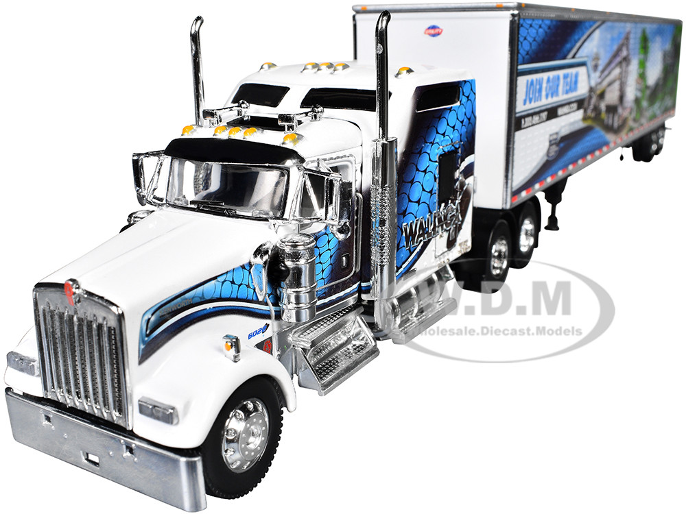 Kenworth W900L with 86" Studio Sleeper and 53' Utility Trailer with Skirts "Walinga" White with Blue Graphics 1/64 Diecast Model by DCP/First Gear diecast model