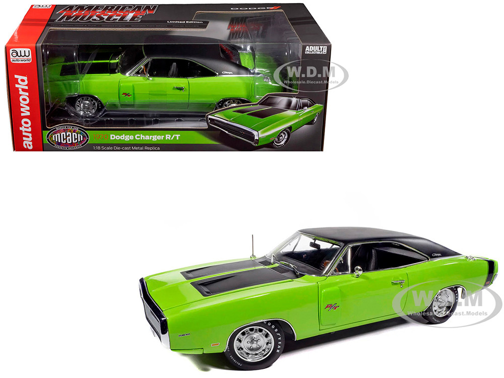 1970 Dodge Charger R/T "Muscle Car & Corvette Nationals" (MCACN) Sublime Green with Black Stripes and Black Vinyl Top "American Muscle" Series 1/18 Diecast Model Car by Auto World diecast model