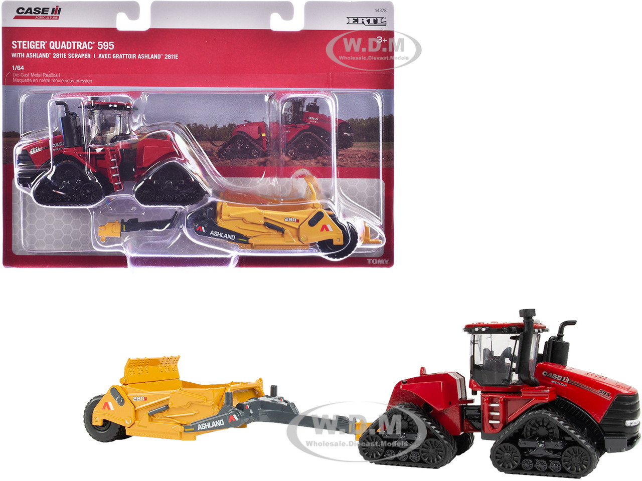 Case IH Steiger 595 Quadtrac Tractor Red with Ashland 2811E Scraper Yellow "Case IH Agriculture" Series 1/64 Diecast Model by ERTL TOMY diecast model
