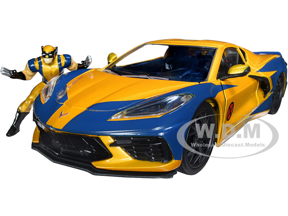 2020 Chevrolet Corvette C8 Stingray Gold Metallic and Dark Blue and Wolverine Diecast Figurine "X-Men" "Marvel" Series "Hollywood Rides" 1/24 Diecast Model Car by Jada diecast model