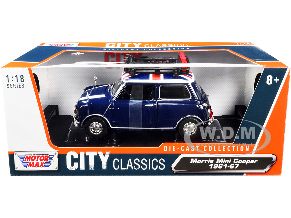 1961-1967 Morris Mini Cooper RHD (Right Hand Drive) Dark Blue with British Flag on the Top and Roof Rack "City Classics" Series 1/18 Diecast Model Car by Motormax diecast model