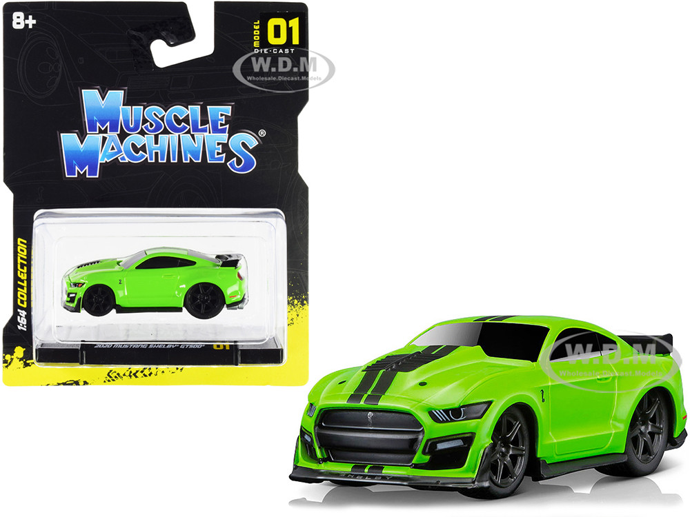 2020 Ford Mustang Shelby GT500 Bright Green with Black Stripes 1/64 Diecast Model Car by Muscle Machines diecast model