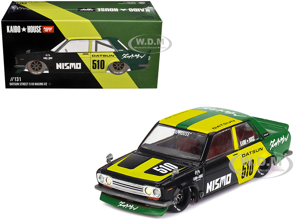 Datsun Street 510 "Racing V2" Black and Green with Yellow Accents (Designed by Jun Imai) "Kaido House" Special 1/64 Diecast Model Car by Mini GT diecast model
