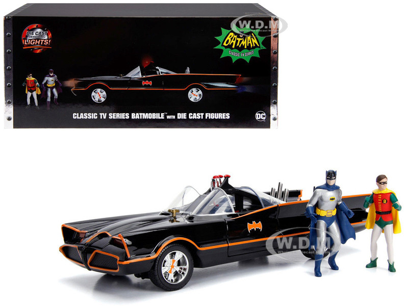Classic TV Series Batmobile with Working Lights, and Diecast Batman and Robin Figures "80 Years of Batman" 1/18 Diecast Model Car by Jada diecast model