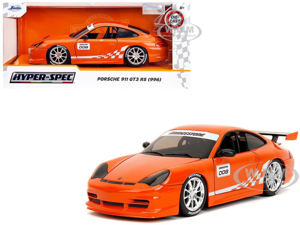 Porsche 911 GT3 RS (996) #008 "Bridgestone" Orange Metallic with White Graphics "Hyper-Spec" Series 1/24 Diecast Model Car by Jada diecast model