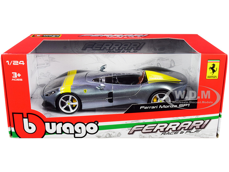 Ferrari Monza SP1 Silver Metallic with Yellow Stripes 1/24 Diecast Model Car by Bburago diecast model