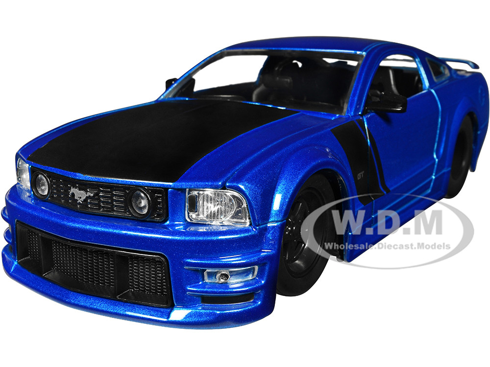 2006 Ford Mustang GT Blue Metallic with Matt Black Hood and Stripes "Bigtime Muscle" Series 1/24 Diecast Model Car by Jada diecast model