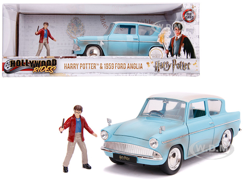 1959 Ford Anglia Light Blue (Weathered) with Harry Potter Diecast Figurine 1/24 Diecast Model Car by Jada diecast model