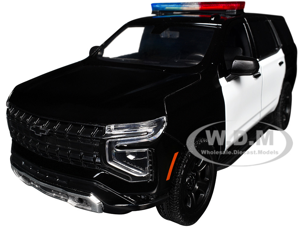 2025 Chevrolet Tahoe PPV Black and White "Builder's Kit" with Flashing Light Bar and Front and Rear Lights and Sounds 1/24 Diecast Model Car by Motormax diecast model