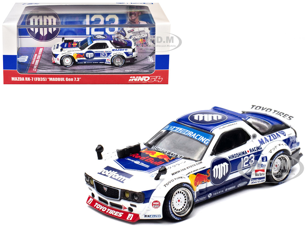 Mazda RX-7 (FD3S) RHD (Right Hand Drive) #123 "Pandem Rocket Bunny MADBUL Gen 7.3" White and Blue with Graphics "MadLab Collection 01" 1/64 Diecast Model Car by Inno Models diecast model