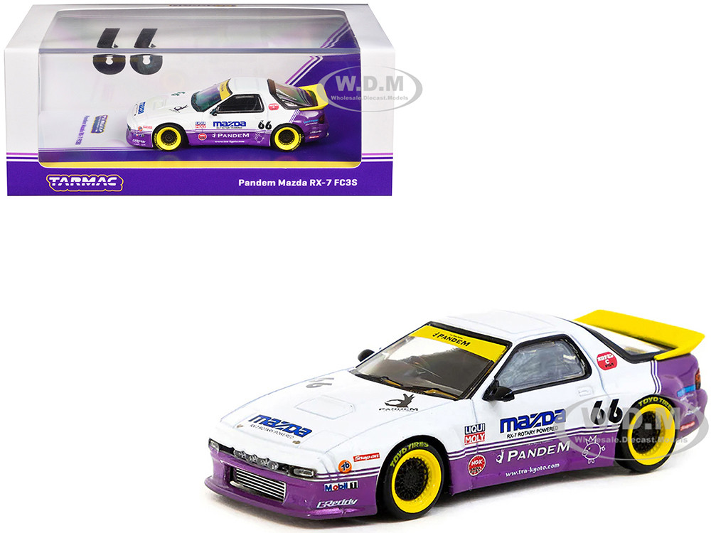 Mazda RX-7 FC3S Pandem RHD (Right Hand Drive) #66 White and Purple with Graphics "Hobby64" Series 1/64 Diecast Model Car by Tarmac Works diecast model