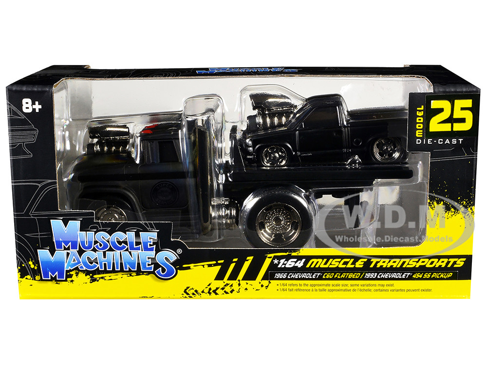 1966 Chevrolet C60 Flatbed Truck Matt Black and 1993 Chevrolet 454 SS Pickup Truck Matt Black "Muscle Transports" Series 1/64 Diecast Models by Muscle Machines diecast model