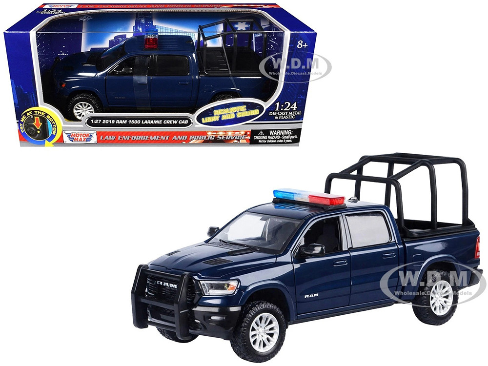 2019 RAM 1500 Laramie Crew Cab Pickup Truck with Bed Cage Dark Blue with Flashing Light Bar and Front and Rear Lights and Sounds 1/27 Diecast Model Car by Motormax diecast model