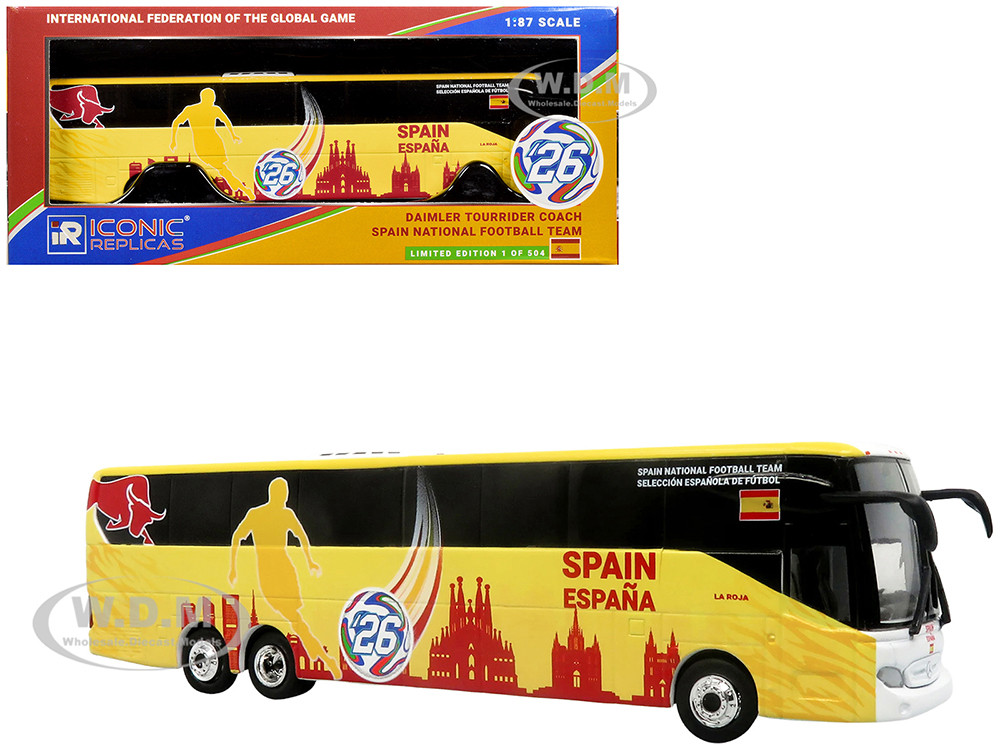 Daimler Tourrider Coach Bus "Spain National Football Team" Yellow with Graphics "International Federation of the Global Game" Series Limited Edition to 504 pieces Worldwide 1/87 (HO) Diecast Model by Iconic Replicas diecast model