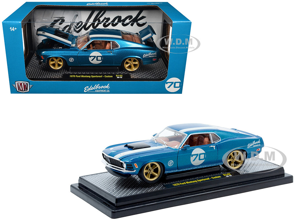 1970 Ford Mustang Sportsroof #70 Blue Metallic with White Stripes Limited Edition to 4050 pieces Worldwide 1/24 Diecast Model Car by M2 Machines diecast model