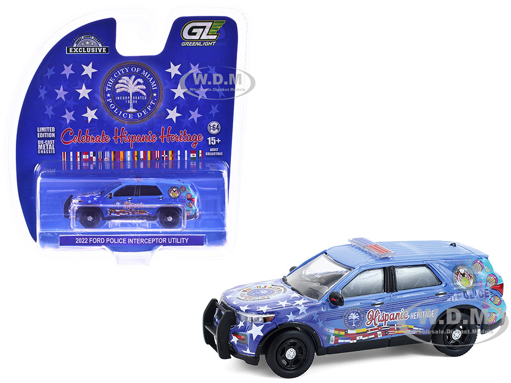 2022 Ford Police Interceptor Utility "Miami Police Department Hispanic Heritage Month" Blue with Graphics "Hobby Exclusive" Series 1/64 Diecast Model Car by Greenlight diecast model