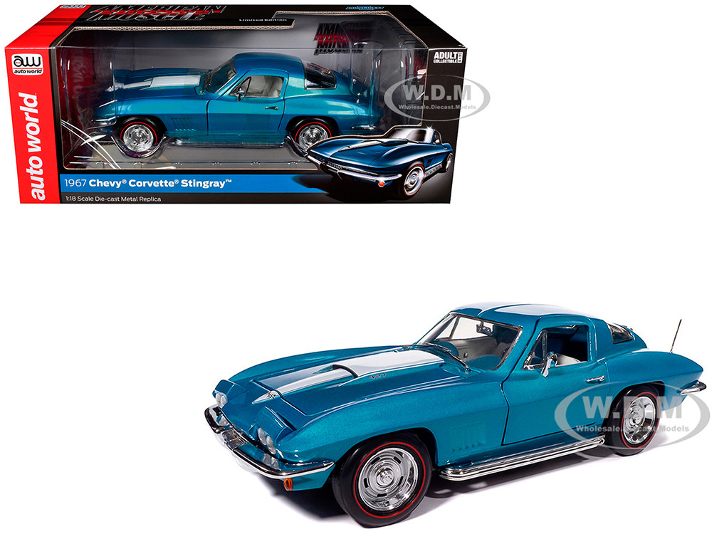 1967 Chevrolet Corvette Stingray Light Blue Metallic with White Hood Stripe "American Muscle" Series 1/18 Diecast Model Car by Auto World diecast model
