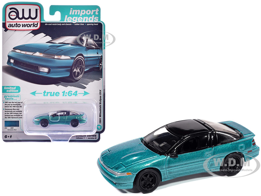 1991 Mitsubishi Eclipse GSX Tennessee Blue Metallic with Black Top "Import Legends" Series 1/64 Diecast Model Car by Auto World diecast model