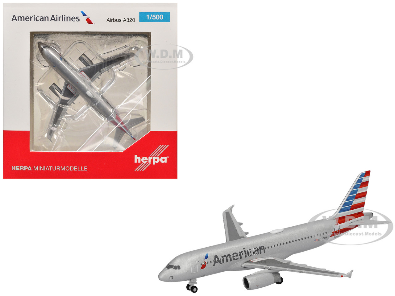 Airbus A320 Commercial Aircraft "American Airlines" (N680AW) Silver with Blue and Red Tail 1/500 Diecast Model Airplane by Herpa diecast model