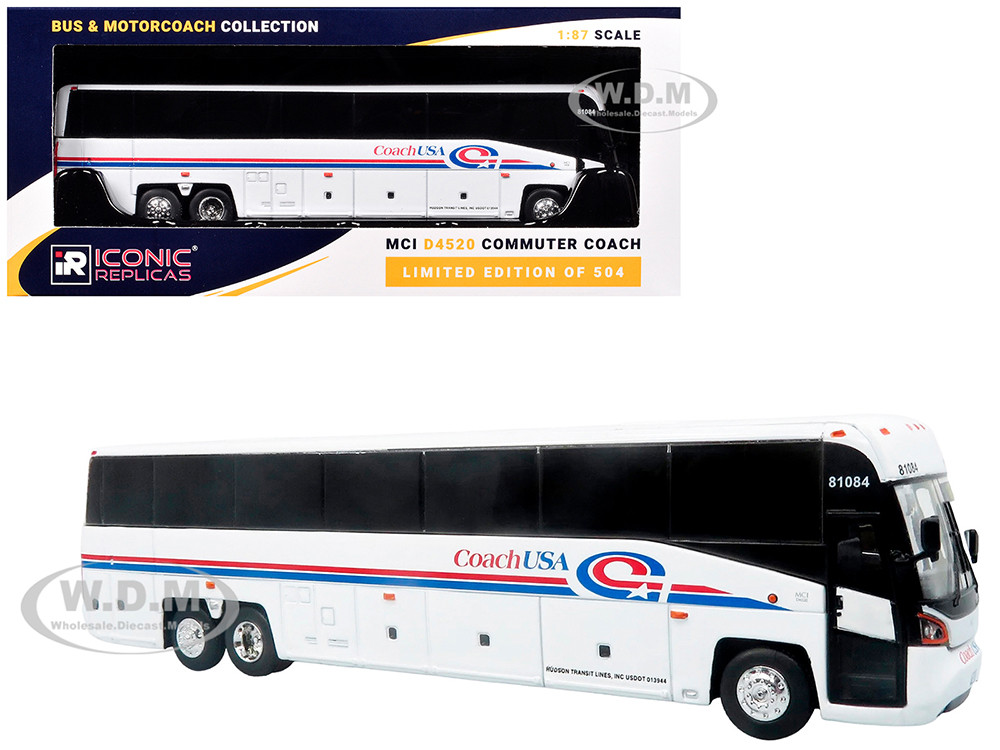 MCI D4520 Commuter Coach Bus "Coach USA" White with Blue and Red Stripes "The Bus & Motorcoach Collection" Limited Edition to 504 pieces Worldwide 1/87 (HO) Diecast Model by Iconic Replicas diecast model
