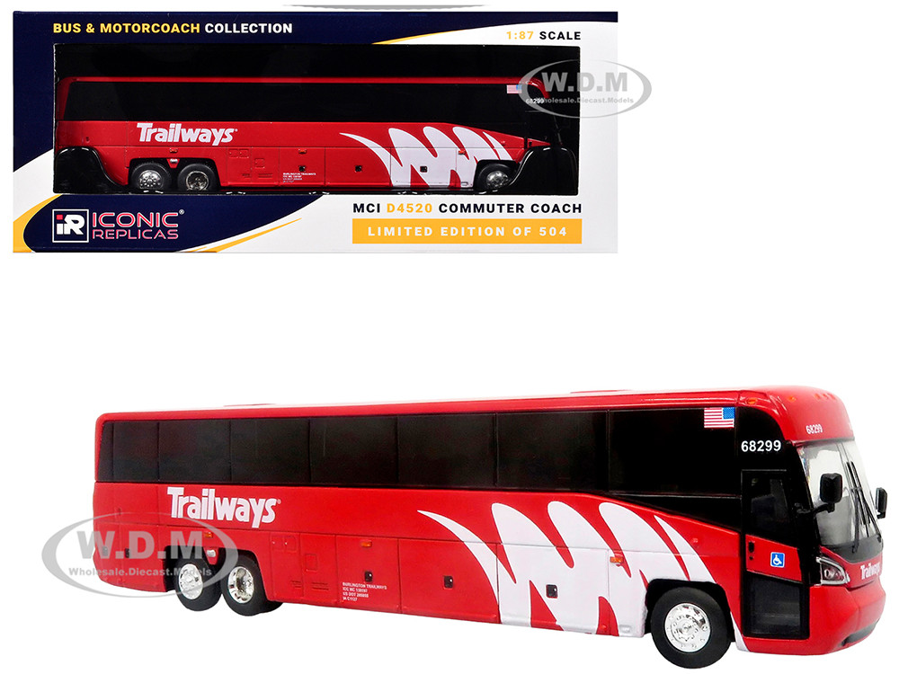 MCI D4520 Commuter Coach Bus "Burlington Trailways" Red with White Graphics "The Bus & Motorcoach Collection" Limited Edition to 504 pieces Worldwide 1/87 (HO) Diecast Model by Iconic Replicas diecast model