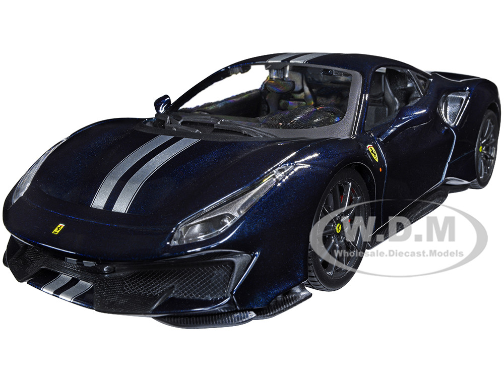 Ferrari 488 Pista Dark Blue Metallic with Silver Stripes 1/24 Diecast Model Car by Bburago diecast model