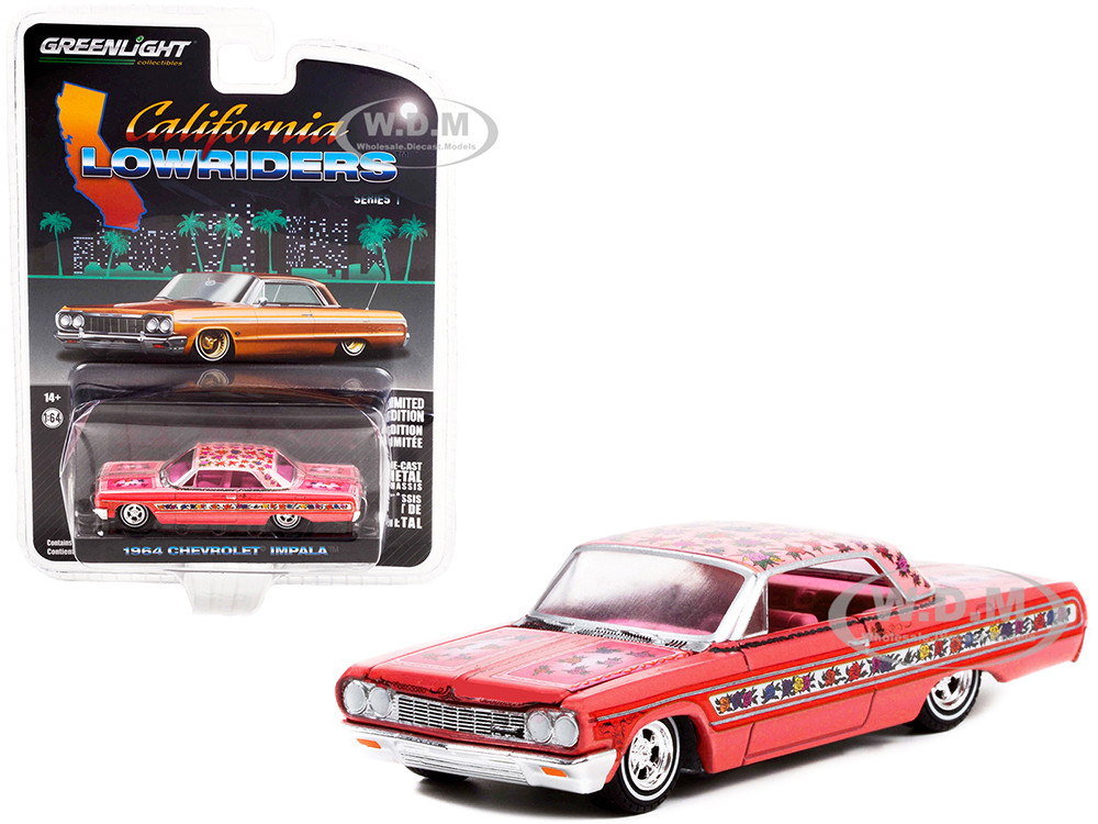 1964 Chevrolet Impala Lowrider Pink Metallic with Rose Graphics and Pink Interior "California Lowriders" Release 1 1/64 Diecast Model Car by Greenlight diecast model