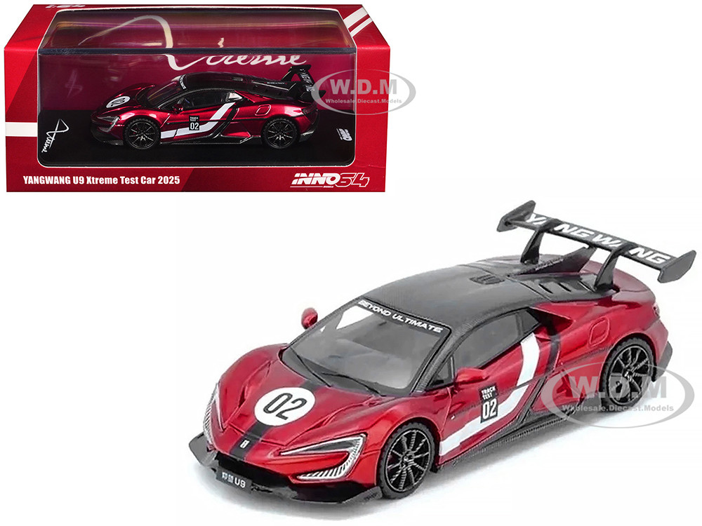 2025 Yangwang U9 Xtreme Test Car #02 Red Metallic with White Stripes and Carbon Top "World Fastest EV Supercar" 1/64 Diecast Model Car by Inno Models diecast model