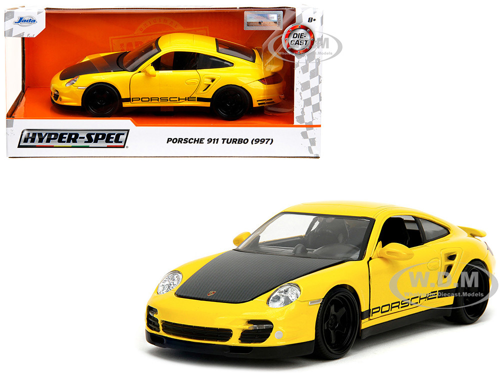 Porsche 911 Turbo (997) Yellow with Carbon Hood "Hyper-Spec" Series 1/24 Diecast Model Car by Jada diecast model