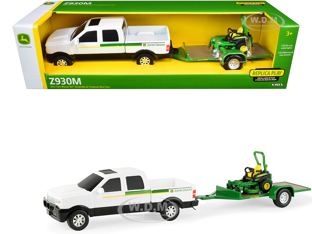 Pickup Truck White with Flatbed Trailer and John Deere Zero-Turn Mower Set of 3 pieces 1/32 Diecast Models by ERTL TOMY diecast model