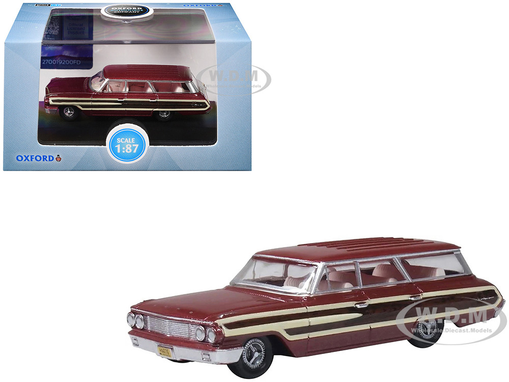 1964 Ford Country Station Wagon Squire Vintage Burgundy with Woodgrain Sides and White Interior 1/87 (HO) Scale Diecast Model Car by Oxford Diecast diecast model