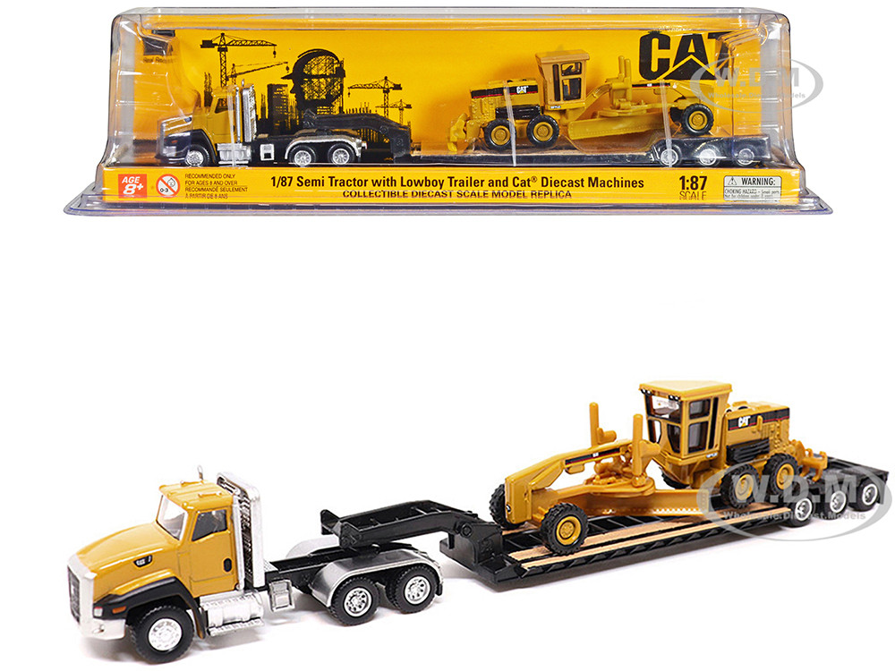CAT Caterpillar CT660 Day Cab Tractor Yellow with Lowboy Trailer and CAT 163H Motor Grader Yellow 1/87 (HO) Diecast Model by Diecast Masters diecast model