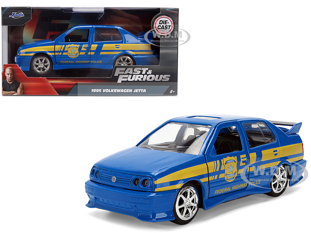 Volkswagen Jetta Police Vehicle "Rio Federal Highway Police" Blue with Yellow Stripes "Fast Five" (2011) Movie "Fast & Furious" Series 1/32 Diecast Model Car by Jada diecast model