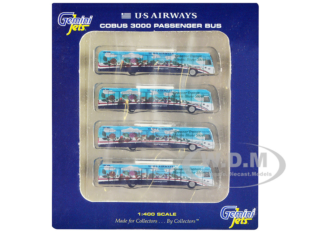 Cobus 3000 Passenger Bus White and Blue with Graphics "US Airways Shuttle Bus - Greener Transit" 4 Piece Set 1/400 Diecast Models by GeminiJets diecast model