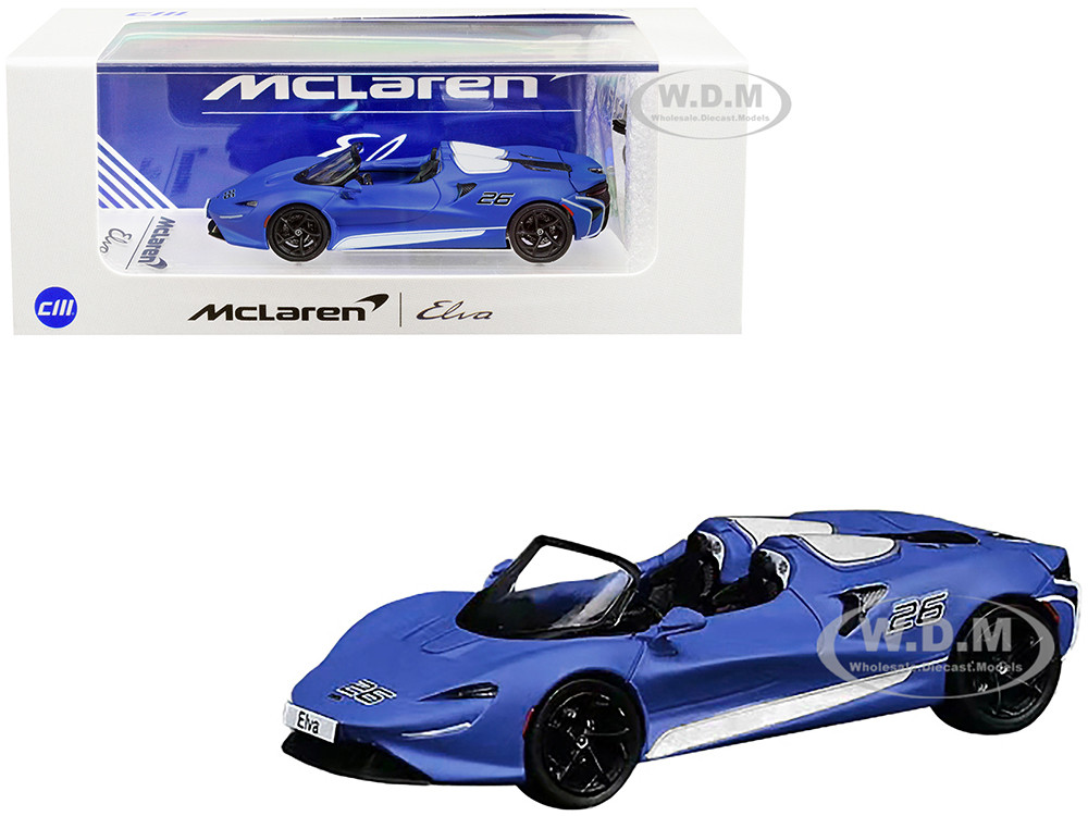 McLaren Elva Convertible #26 Matt Blue with White Stripes and Extra Wheels 1/64 Diecast Model Car by CM Model diecast model