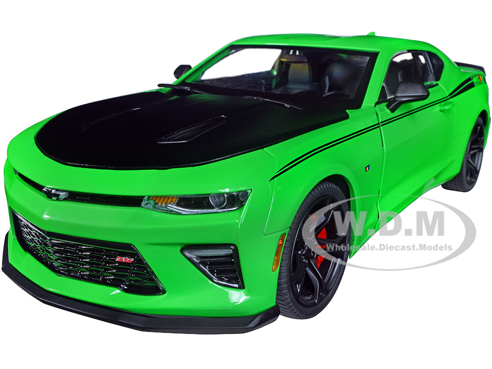 2017 Chevrolet Nickey Camaro SS 1LE Krypton Green with Matt Black Hood and Black Stripes 1/18 Diecast Model Car by Auto World diecast model