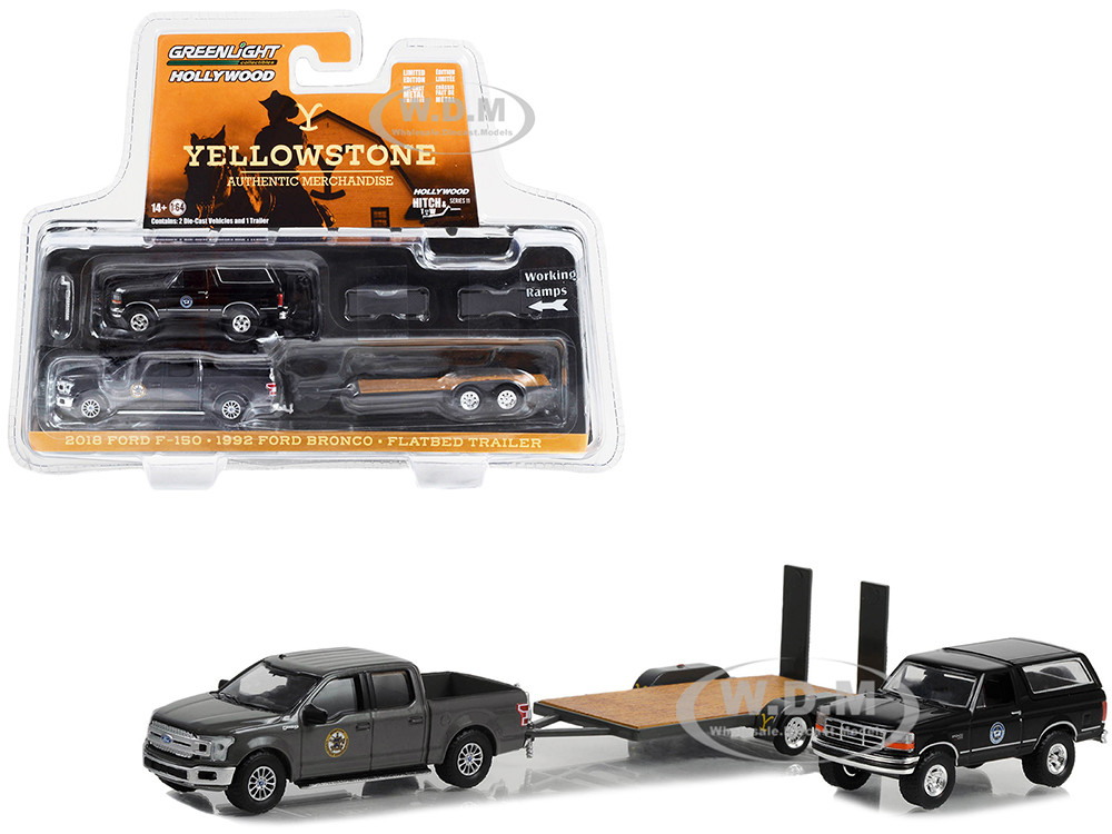 2018 Ford F-150 Pickup Truck Gray with 1992 Ford Bronco "Montana Livestock Association" Black and Flatbed Car Trailer "Yellowstone" (2018-Current) TV Series "Hollywood Hitch & Tow" Series 11 1/64 Diecast Model Cars by Greenlight diecast model