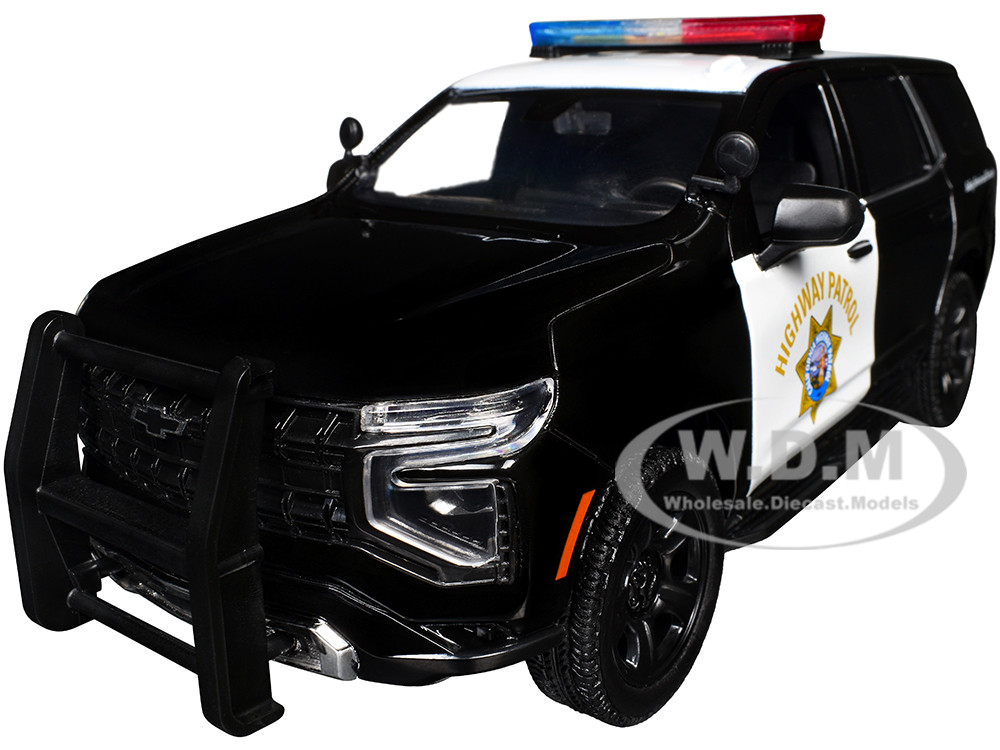 2025 Chevrolet Tahoe PPV "CHP (California Highway Patrol)" Black and White with Flashing Light Bar and Front and Rear Lights and Sounds 1/24 Diecast Model Car by Motormax diecast model
