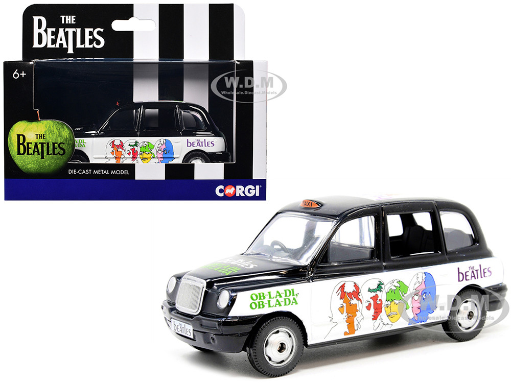 The Beatles London Taxi RHD (Right Hand Drive) "Ob-La-Di, Ob-La-Da" Black and White with Graphics Diecast Model Car by Corgi diecast model