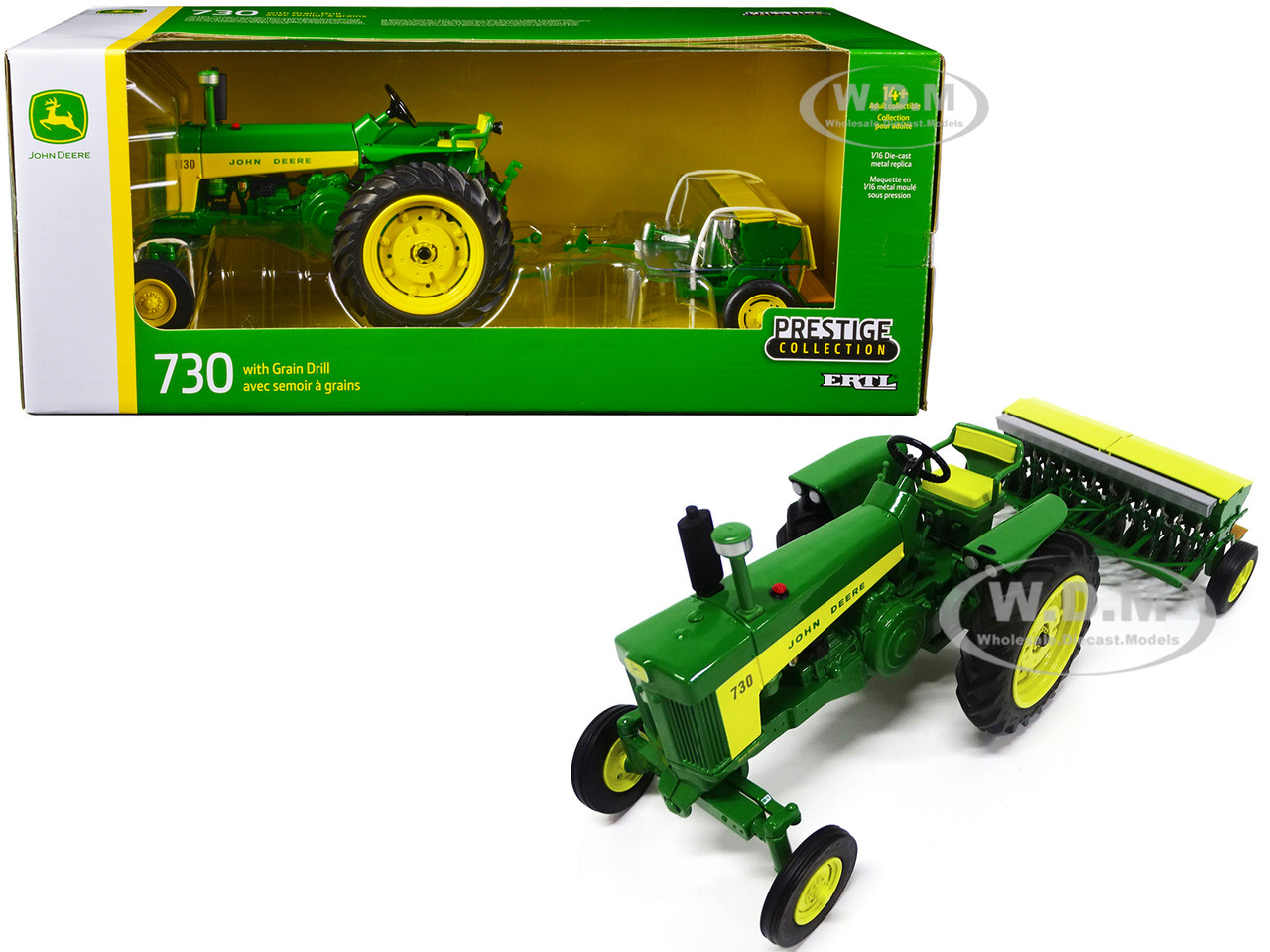 John Deere 730 Tractor Green with Grain Drill "Prestige Collection" 1/16 Diecast Model by ERTL TOMY diecast model