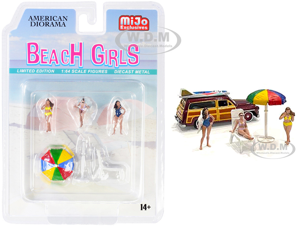 "Beach Girls" 5 piece Diecast Set (3 Figurines, 1 Beach Chaise and 1 Beach Umbrella) for 1/64 Scale Models by American Diorama diecast model